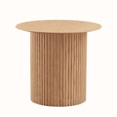 a round wooden table with pleated design on the top and bottom, against a white background