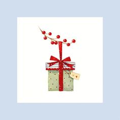 a gift box with a red ribbon and bow on it is sitting in front of a white background