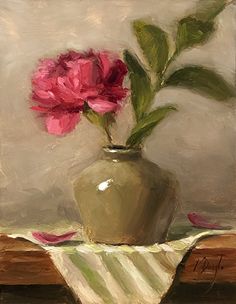 a painting of a vase with pink flowers in it