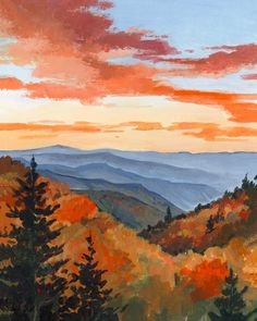 an oil painting of mountains and trees in the fall with oranges, yellows, and reds