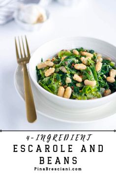 Escarole and Beans in a bowl. Escarole And Beans, Escarole Recipes, Scrumptious Food, Healthy Side Dish, How To Cook Beans, Beans Recipe, Healthy Side, Party Foods, Delicious Dinner Recipes