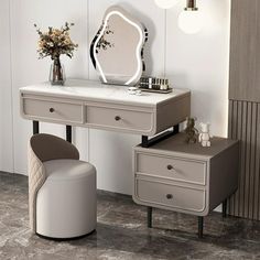 a desk with a mirror, stool and flower vase on it