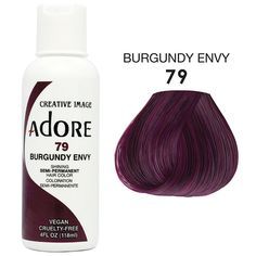 ADORE SEMI PERMANENT No Ammonia, No Peroxide, and No Alcohol. Adore’s exclusive formula offers a perfect blend of natural ingredients providing rich color, enhancing shine, and leaving hair soft and silky This product must not be used on eyebrows or eyelashes, as it may cause blindness. ABOUT THIS ITEM Vibrant Color Quick and Easy to use Made in USA Free of Alcohol, Peroxide, and Ammonia Vegan and Cruelty Free Burgundy Plum Hair Color, Burgundy Hair Dye, Hair Dye Brands, Brunette Hair Cuts, Hair Color Plum, Plum Hair, Hair Color Formulas, Hair Color Burgundy, Hair Streaks