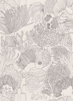 a drawing of flowers and plants on a white paper with black ink in the middle