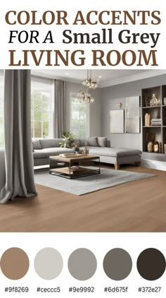 a living room with gray walls and wood flooring is featured in the color accents for a small grey living room