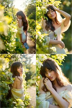 four different pictures of a woman in white dress and flowers on her head, posing for the camera