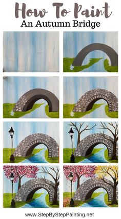 how to paint an autumn bridge with step by step painting instructions for kids and adults