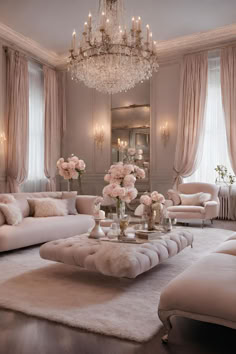 an elegant living room with chandelier, couches and flowers in vases