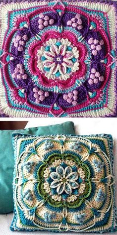 crocheted pillows with different colors and designs