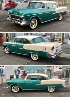 two pictures of an old green and white car