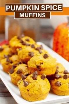 pumpkin spice muffins on a white plate with chocolate chips and an orange pumpkin in the background