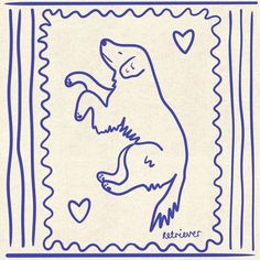 a blue and white drawing of a bear with hearts on it's back ground