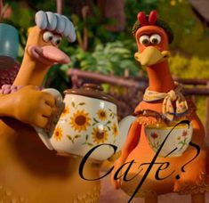 two cartoon characters holding coffee mugs with the words cafe? written on them in front of them