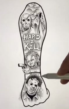 a hand holding a pencil drawing of a pair of shoes with the words hard kill on it