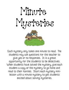 a poster with the words minute mysteries written in black and white on it