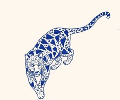 a blue and white drawing of a leopard with spots on its body, standing in the air