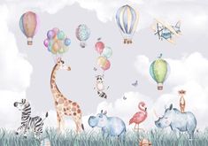 a giraffe, zebra and other animals are flying in the sky with hot air balloons