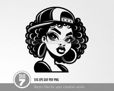 a black and white drawing of a woman with curly hair wearing a baseball cap on her head