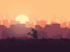 the silhouette of a person running across a field in front of a city at sunset