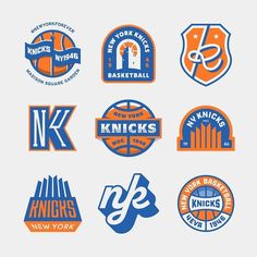 six different logos for the new york basketball team, which are designed in blue and orange