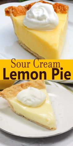 two slices of lemon pie with whipped cream on top and the rest of the pie in front