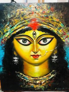 an oil painting of a woman's face with eyes and headdress on