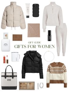 the gift guide for women includes sweaters, coats and accessories