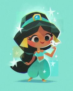 an illustration of a cartoon character holding a bird in her hand with stars on the background