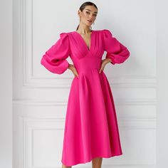 Cotton 75%, Polyester 20%, Elastane 5% V-Neck Puff Sleeves Long Sleeves Midi Length Open To Offers Chic Pink Midi Dress With Gathered Sleeves, Chic Pink Midi V-neck Dress, Elegant Pink Midi-length Puff Sleeve Dress, Pink Midi Dress With 3/4 Sleeves, Pink V-neck Midi Dress With Gathered Sleeves, Leo Rising, Birthday Ideas For Her, Soft Classic, Long Sleeve Midi