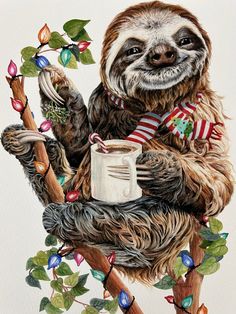 a painting of a slotty sitting in a tree with a cup of coffee