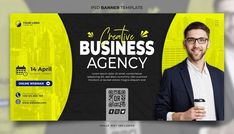 a yellow and black business banner with a man holding a cup in front of him