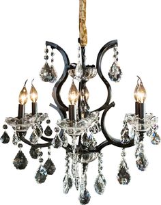 a black chandelier with crystal drops hanging from it's center and two candles in the middle