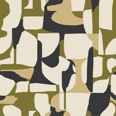 an abstract pattern with black, white and green shapes in shades of brown and beige