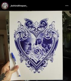 a drawing of two people in a heart shaped frame with flowers and leaves on it