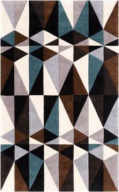 an area rug with various shapes and colors on it, including brown, blue, white and