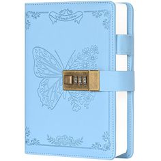 a blue notebook with a padlock on the front and an image of a butterfly