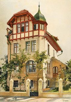 an old house with a green roof and red trim