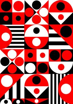 a black and white pattern with red circles on it's sides, in the center is an abstract geometric design