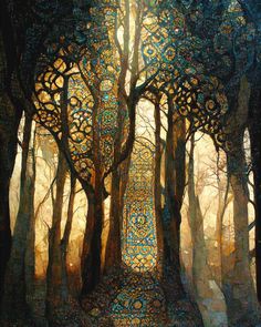 a painting of trees in the middle of a forest with sun shining through them,