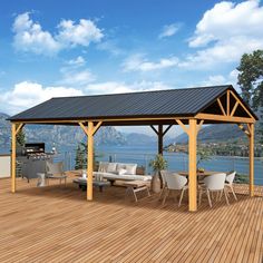 a wooden deck with chairs and tables under a covered gazebo next to the water