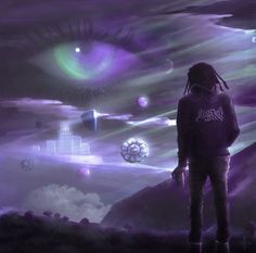 a man with dreadlocks standing in front of a purple sky and an eye