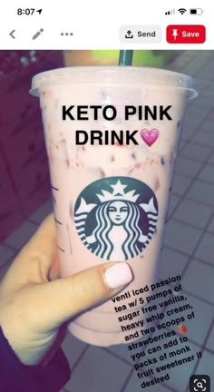 someone holding up a pink starbucks drink with the caption keto pink drink on it