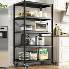 a kitchen with a refrigerator and shelves filled with food