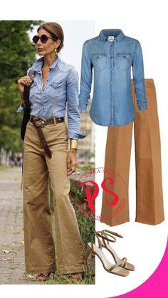 Pantaloni beige Outfit Pantalon Beige, Denim Shirt Outfits, Leopard Print Shoes Outfit, Denim Shirt Outfit, Home Wear Women Summer, Job Clothes, Wide Leg Jeans Outfit, Outfits Con Jeans, Work Outfits Women Summer