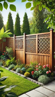 a wooden fence surrounded by lush green grass and flowers in the foreground is a garden with trees