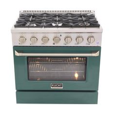 a green stove with four burners and two oven doors on the front, one door open