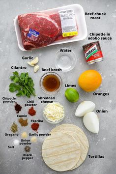 ingredients needed to make an enchilada laid out on a gray surface with the words ingredients you'll need