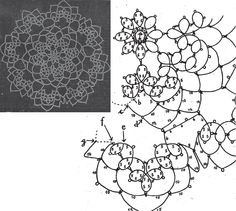 the diagram shows how to draw an intricate flower with dots on it and then in black ink