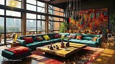 a living room filled with lots of furniture and large windows overlooking the cityscape