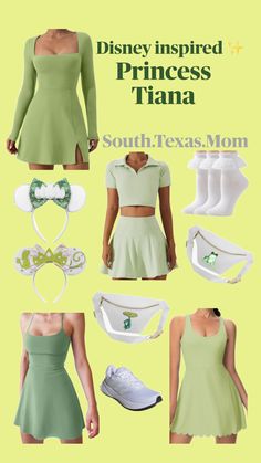 an advertisement for the disney inspired princess tiana costume collection, including dresses and accessories